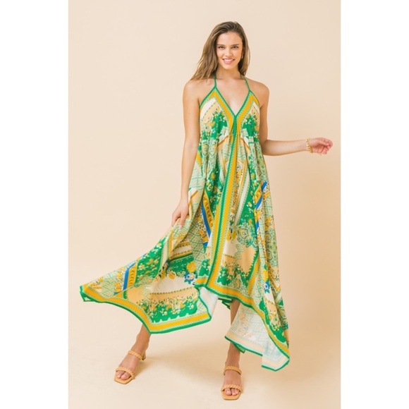 Flying Tomato Green & Ivory Patchwork Print Hanky Hem Halter Dress - Picture 1 of 9